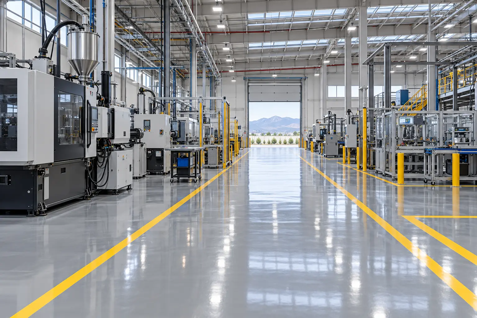 Concepto de planta industrial con piso epóxico gris y señalización amarilla
